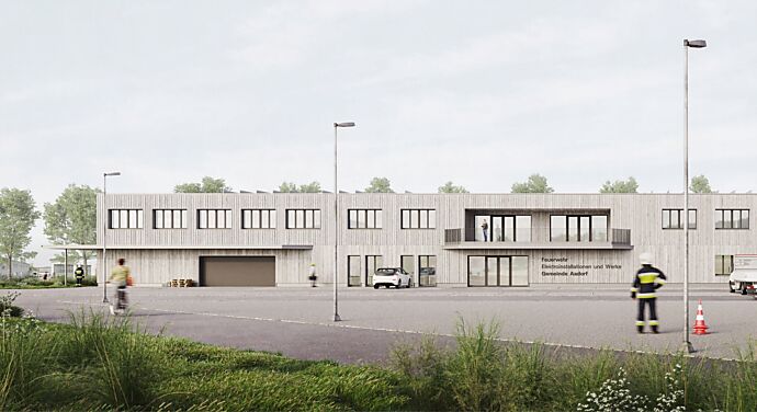 Neues Feuerwehr- und EW-Gebäude: Das Projekt verbindet eine moderne Architektur mit einer zurückhaltenden Gestaltung aus Holz und Stahl. Grosszügige Fahrzeughallen und Betriebsflächen schaffen optimale Bedingungen für Feuerwehr und EW Aadorf (Visualisierung Gamisch Architekten).
