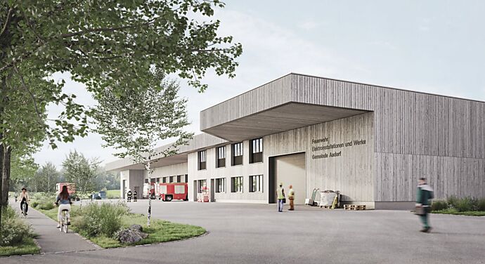 Neues Feuerwehr- und EW-Gebäude: Das Projekt verbindet eine moderne Architektur mit einer zurückhaltenden Gestaltung aus Holz und Stahl. Grosszügige Fahrzeughallen und Betriebsflächen schaffen optimale Bedingungen für Feuerwehr und EW Aadorf (Visualisierung Gamisch Architekten).